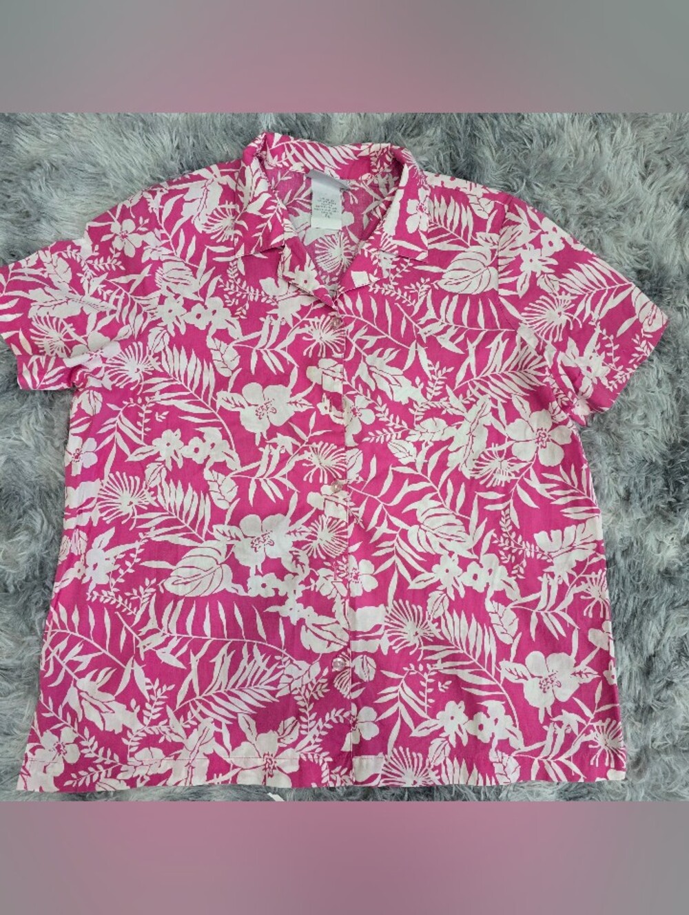 Vintage Pink and White Tropical Print Button-Up Shirt, Size Large